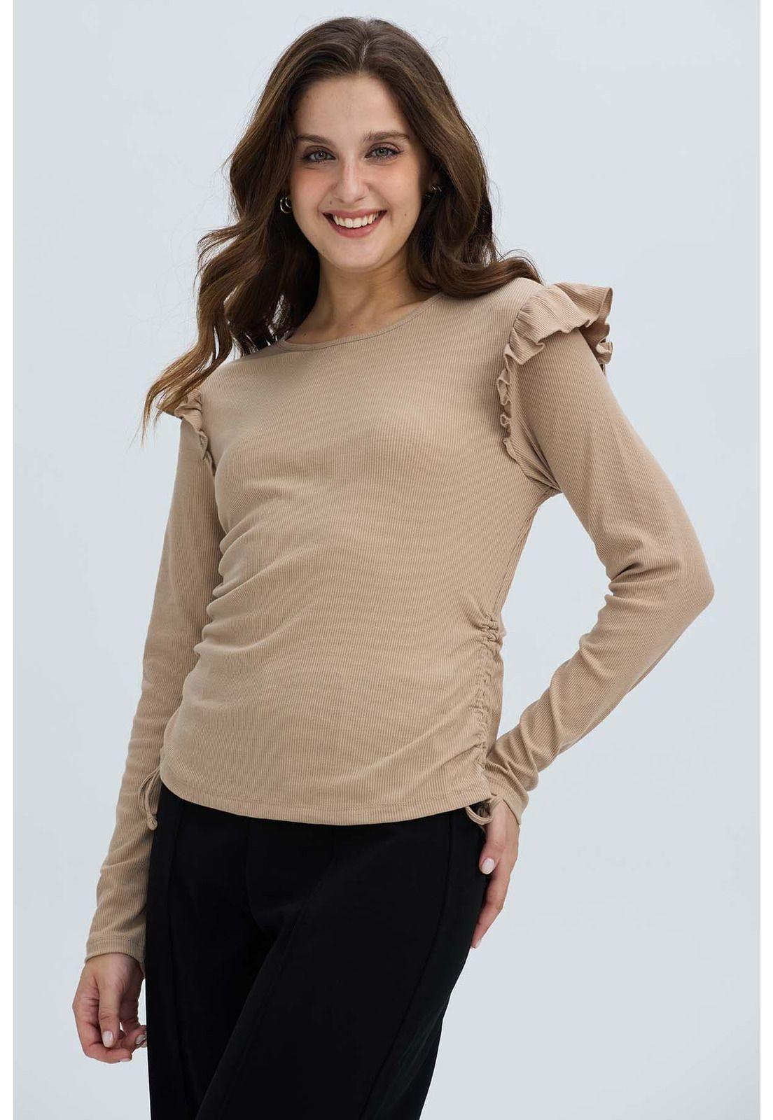 Polera Mujer Con Vuelo Rib Recogido Beige Oscuro-1