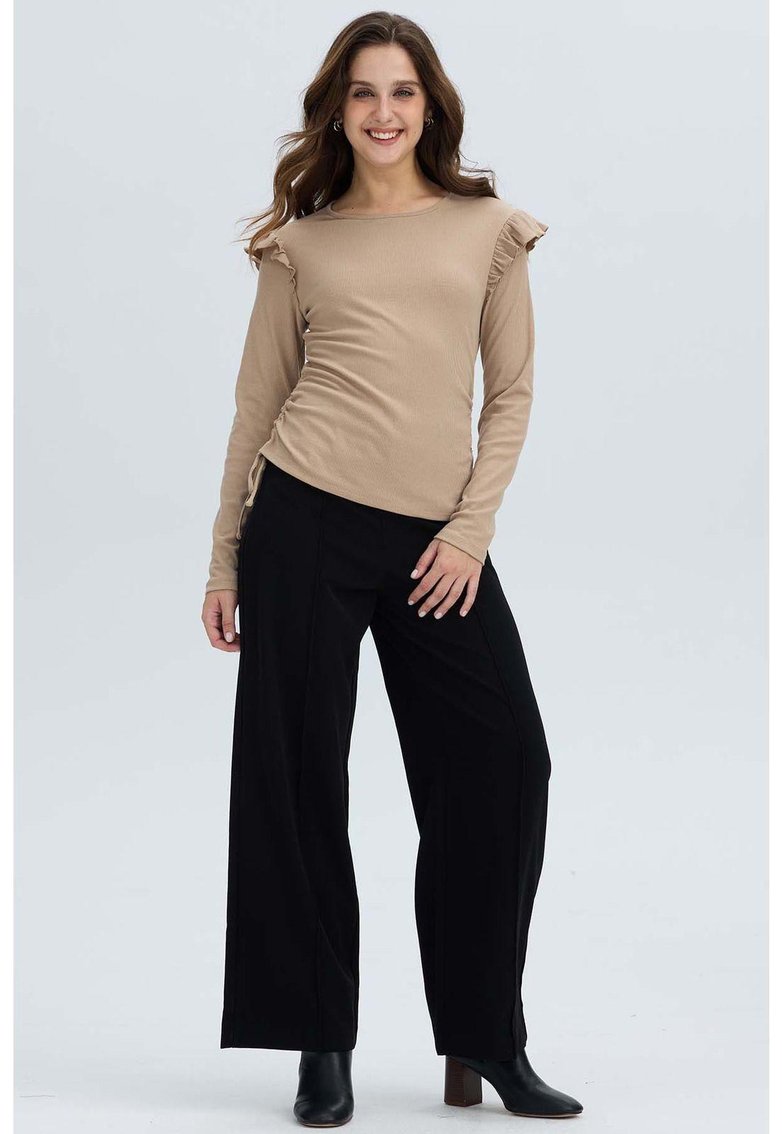 Polera Mujer Con Vuelo Rib Recogido Beige Oscuro-3