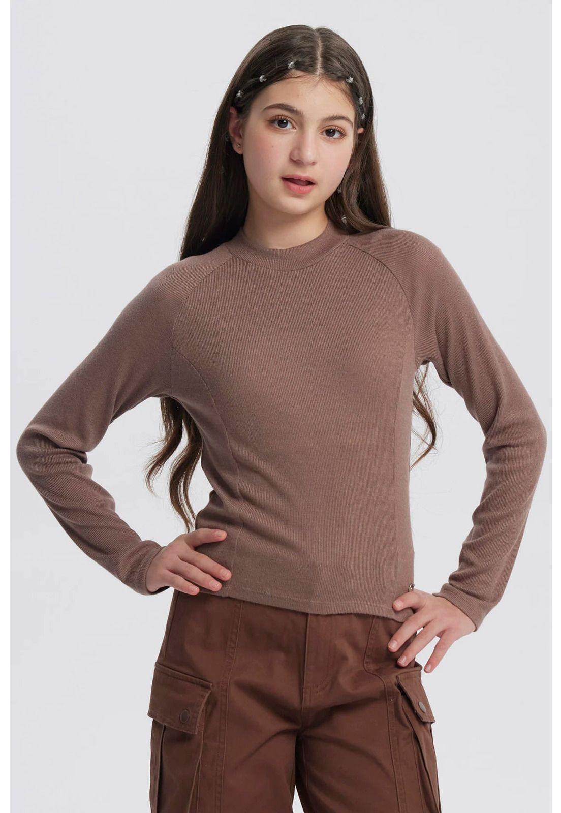 Polera Niña Cuello Alto Parcial Café-0