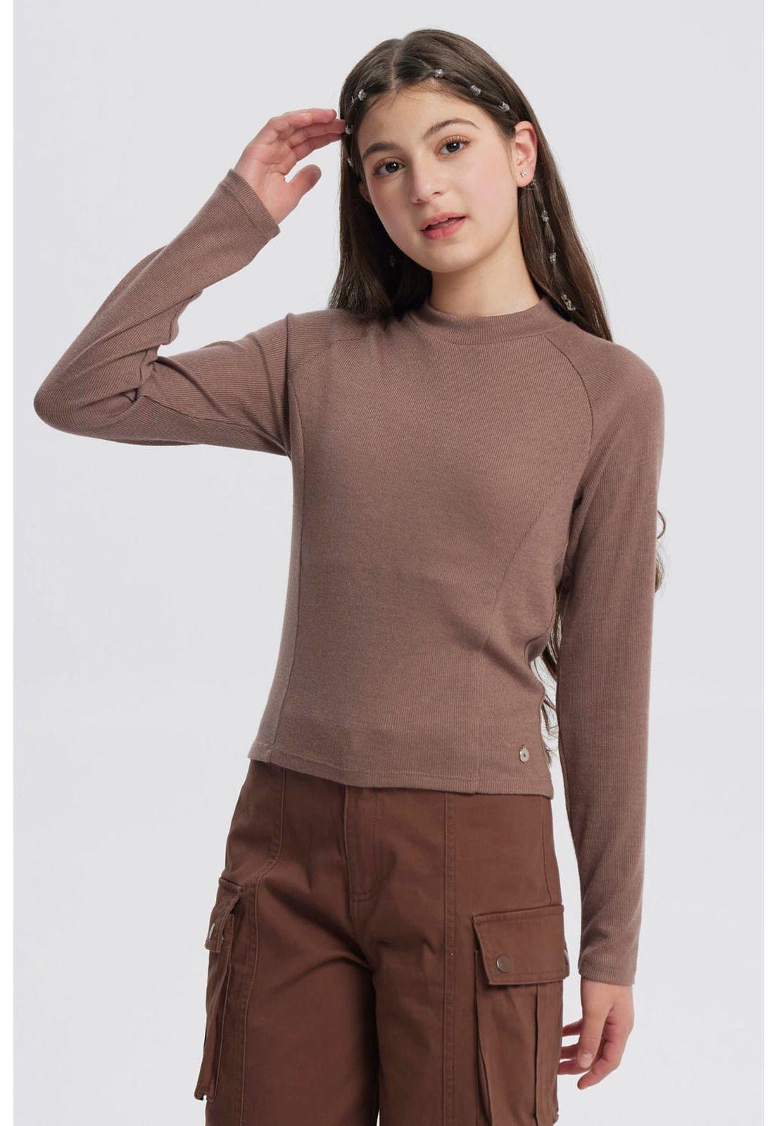 Polera Niña Cuello Alto Parcial Café-1