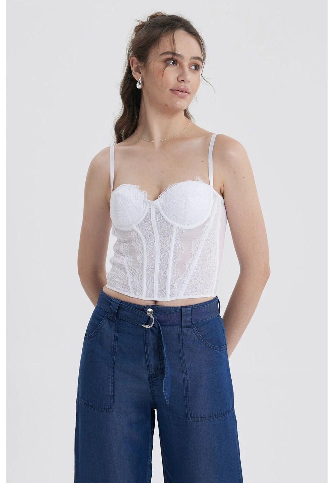 Blusa Mujer Corset Encaje Blanco-0