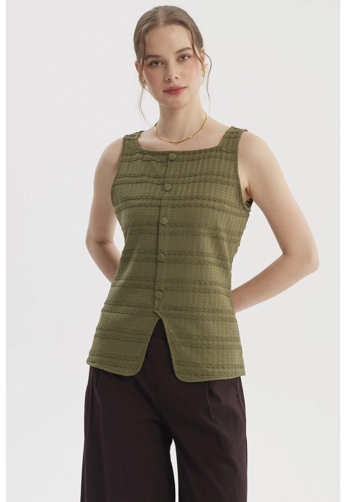 Polera Mujer Cuello Cuadrado Verde Olivo-0