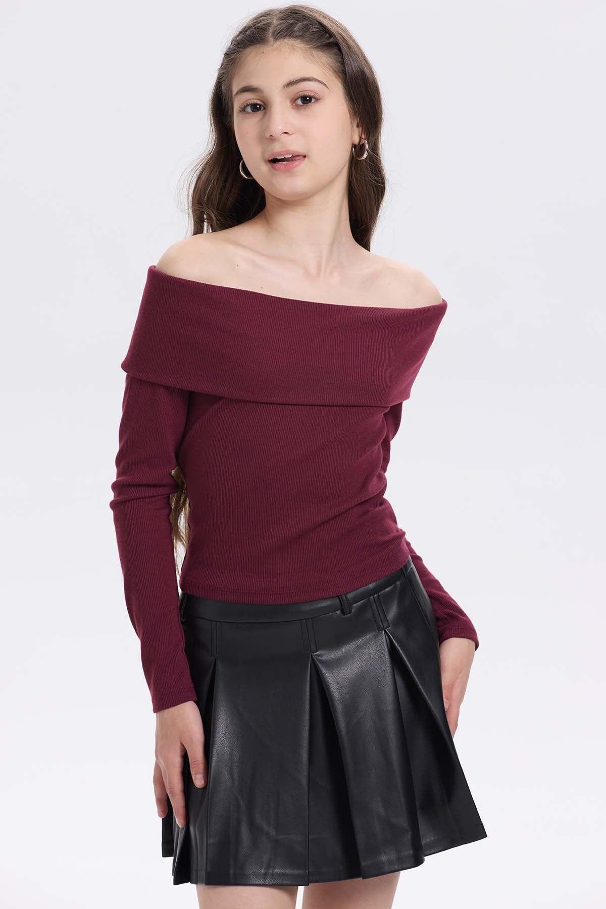 Polera Niña Escote Bardot Burdeo-0