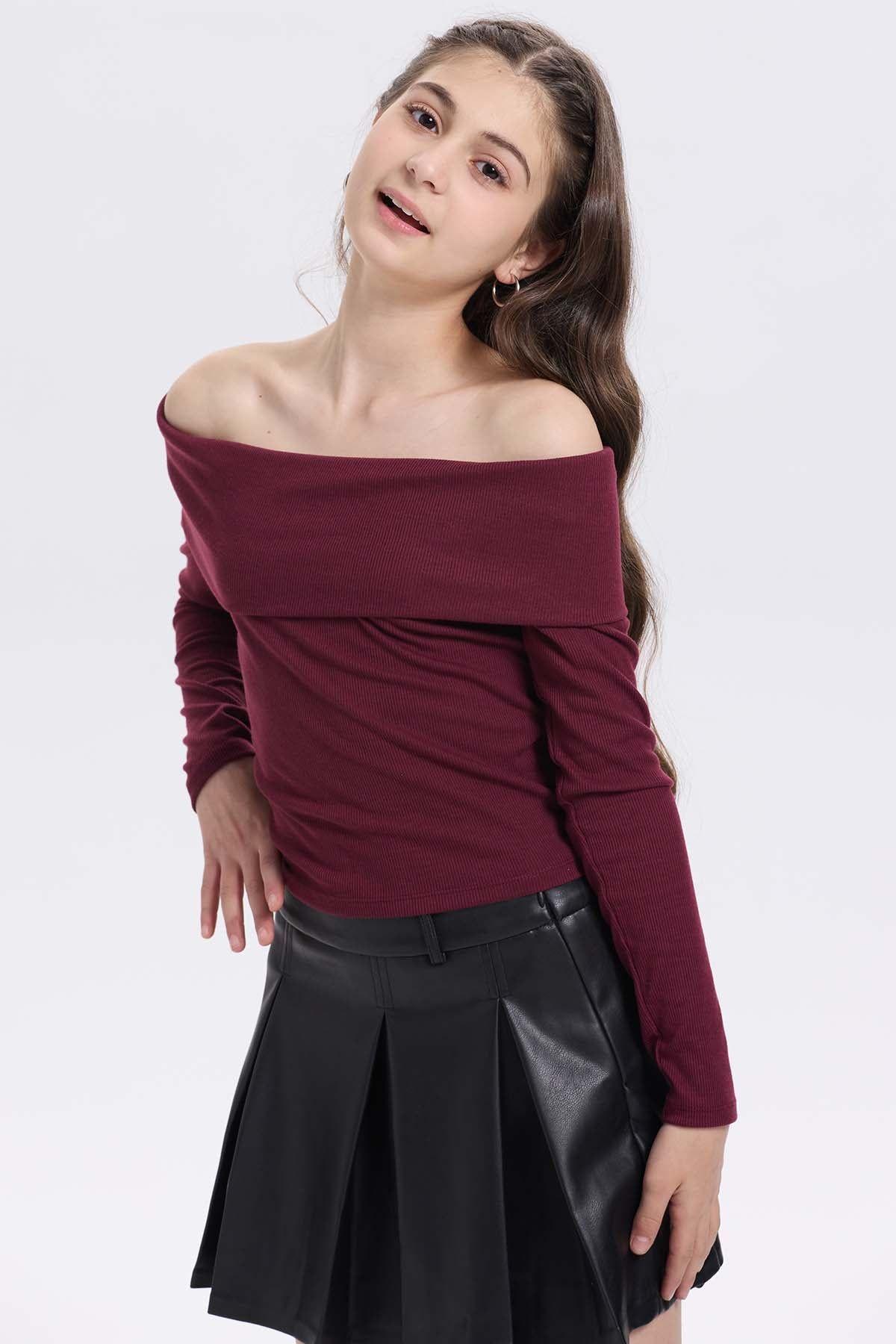 Polera Niña Escote Bardot Burdeo-1