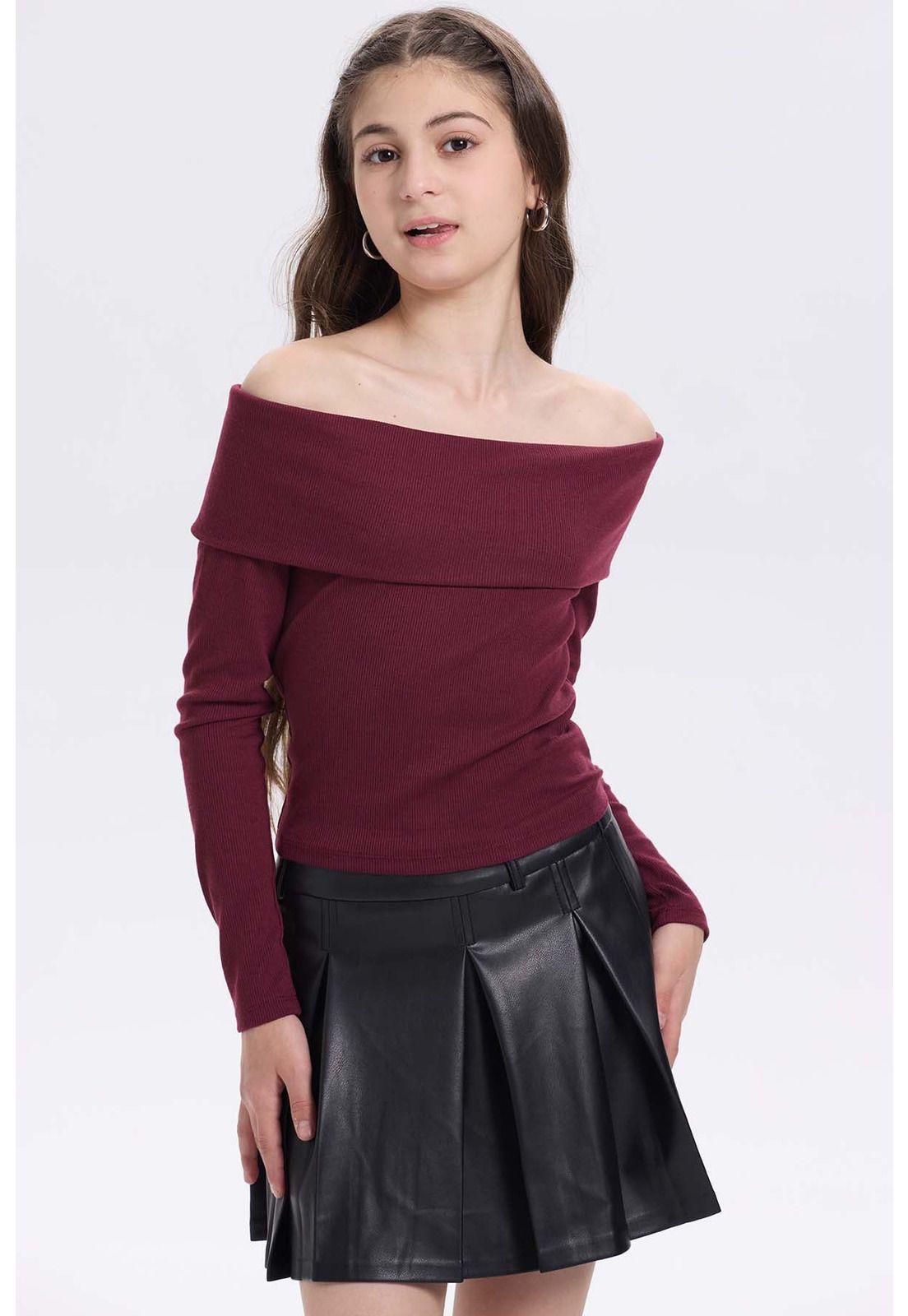 Polera Niña Escote Bardot Burdeo-0