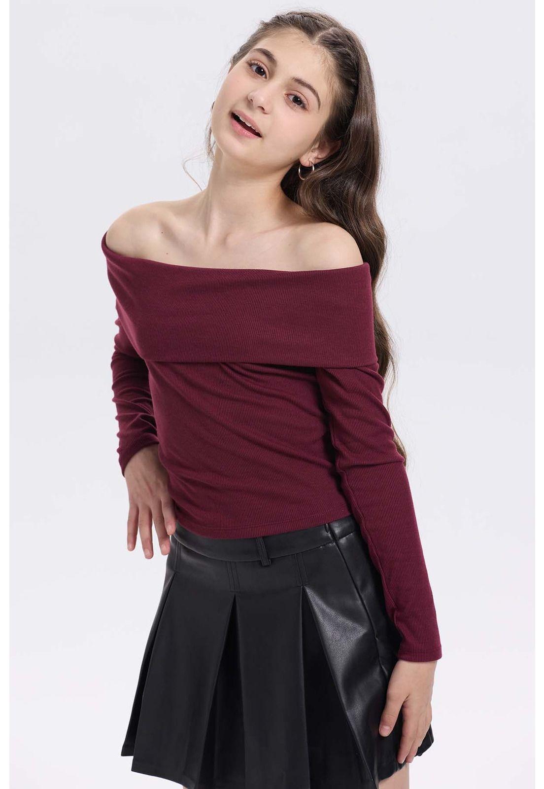 Polera Niña Escote Bardot Burdeo-1