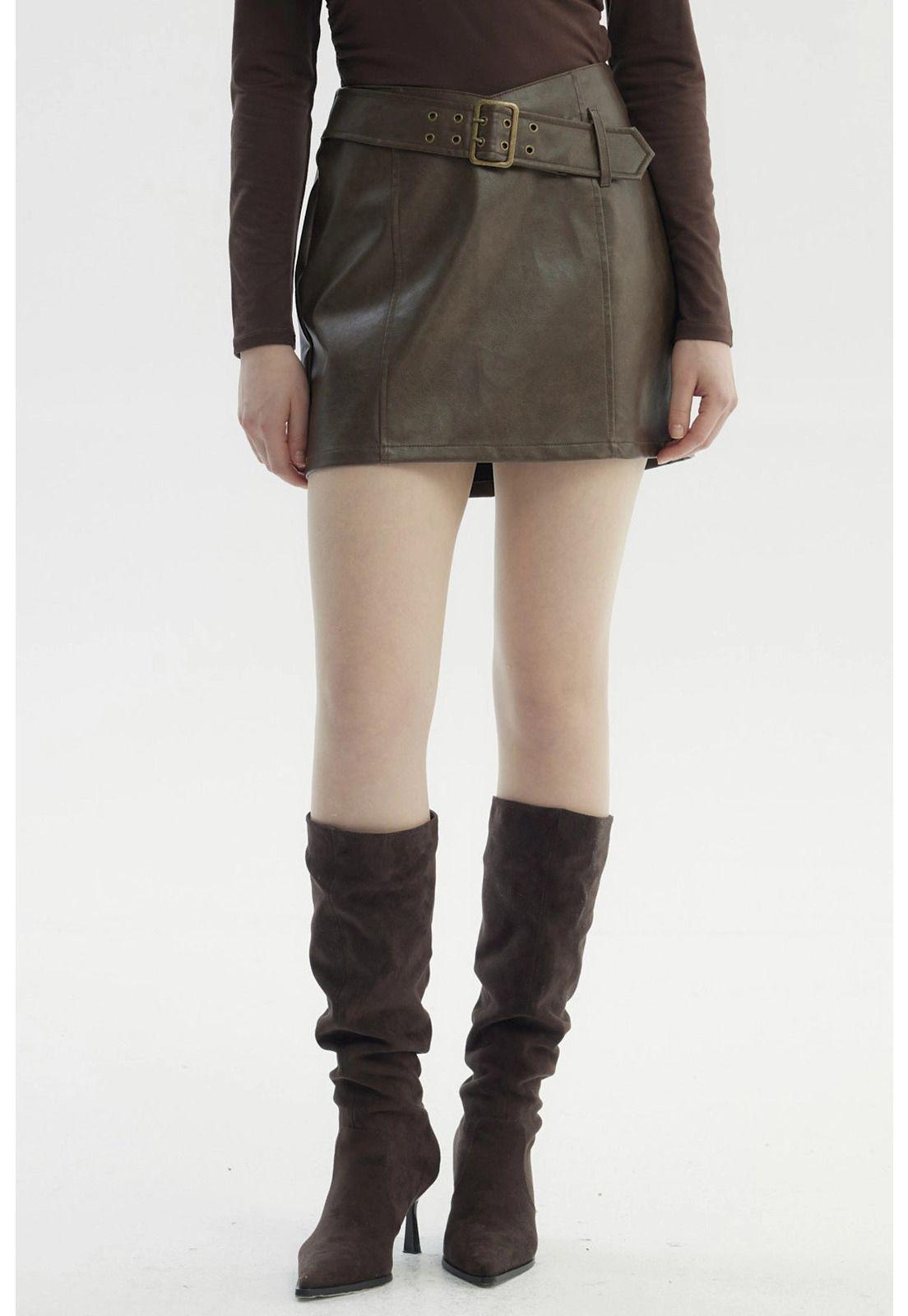Falda Mujer Efecto Cuero Cinturón Cruzado Café-0