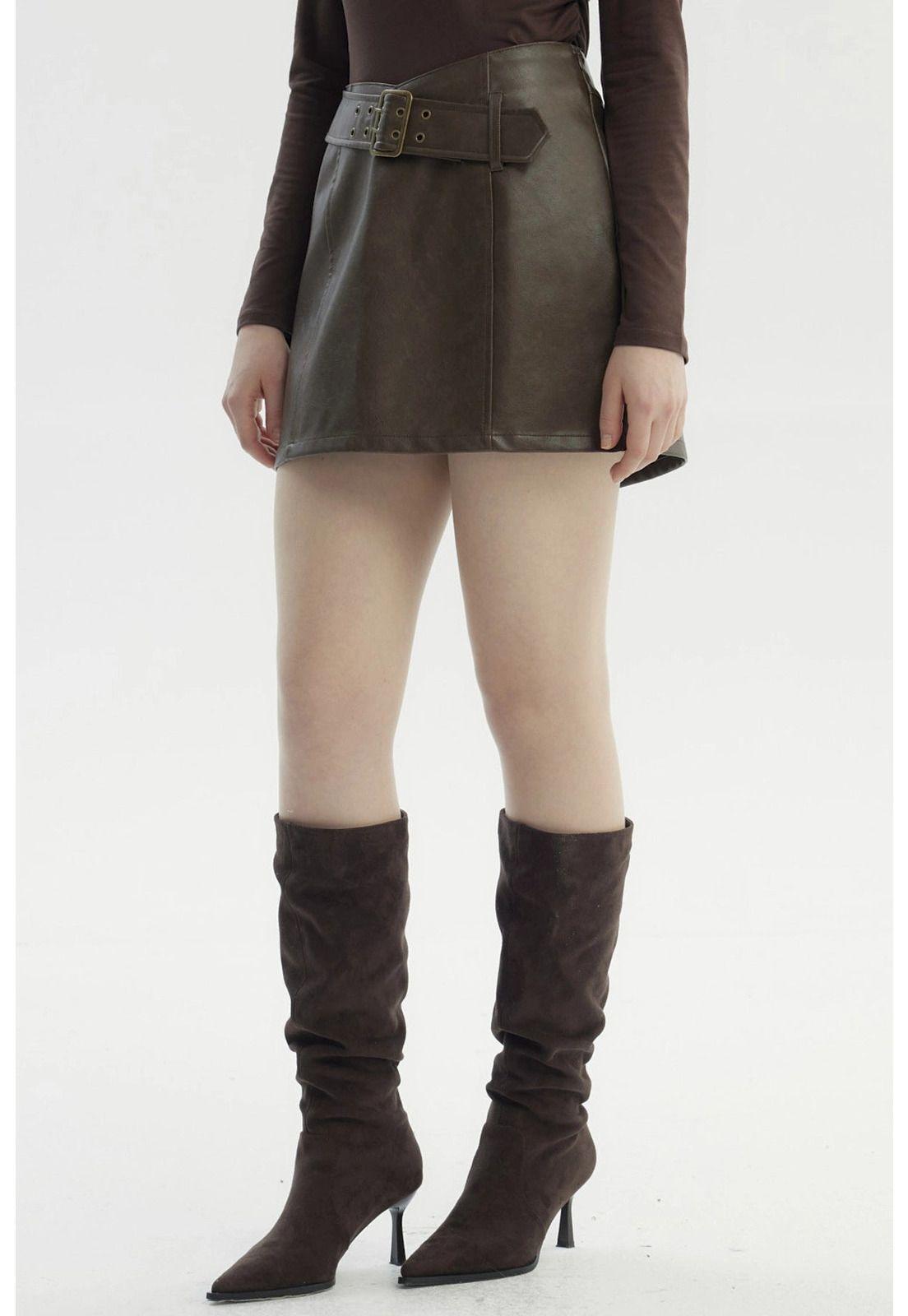 Falda Mujer Efecto Cuero Cinturón Cruzado Café-1