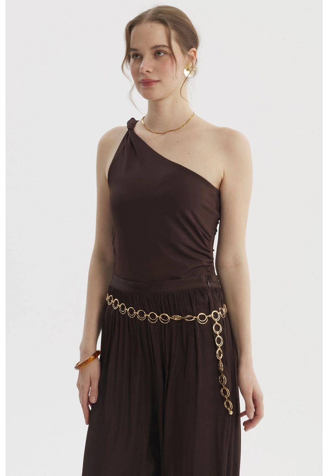 Polera Mujer Asimétrico Nudo Con Hombro Café Oscuro-1