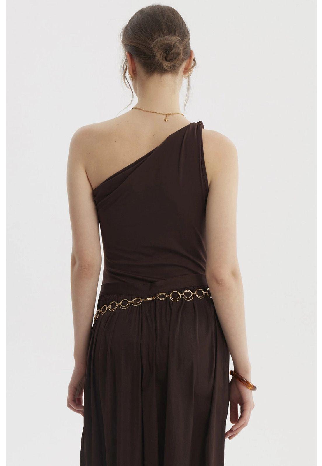 Polera Mujer Asimétrico Nudo Con Hombro Café Oscuro-2