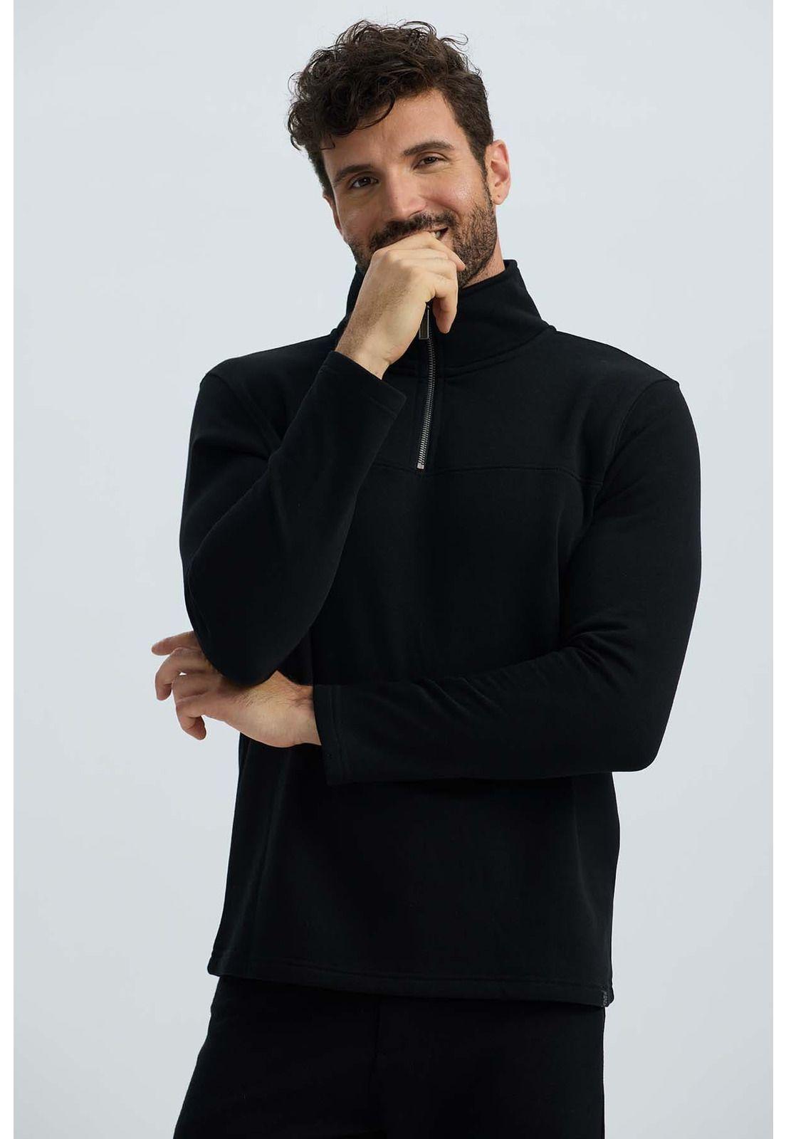 Polerón Hombre Half Zipper Liso Negro-1