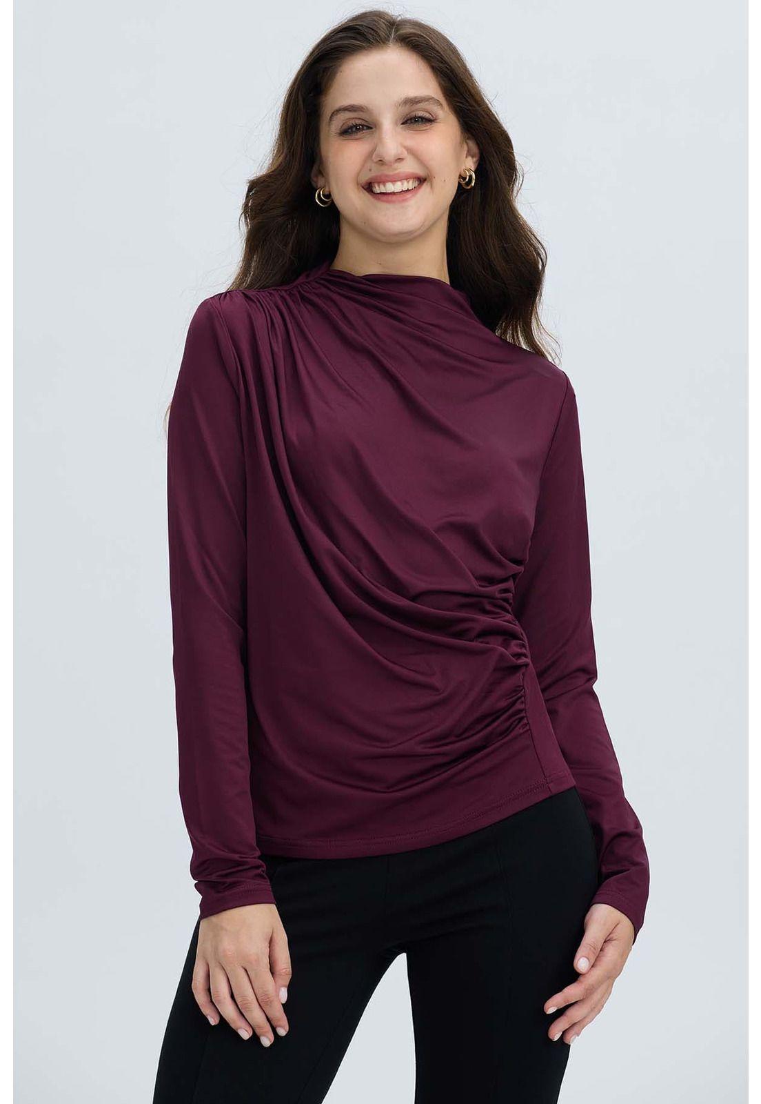 Polera Mujer Aplicación Arrugado Vino-0