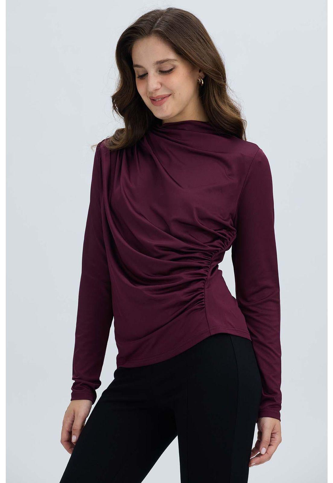 Polera Mujer Aplicación Arrugado Vino-1
