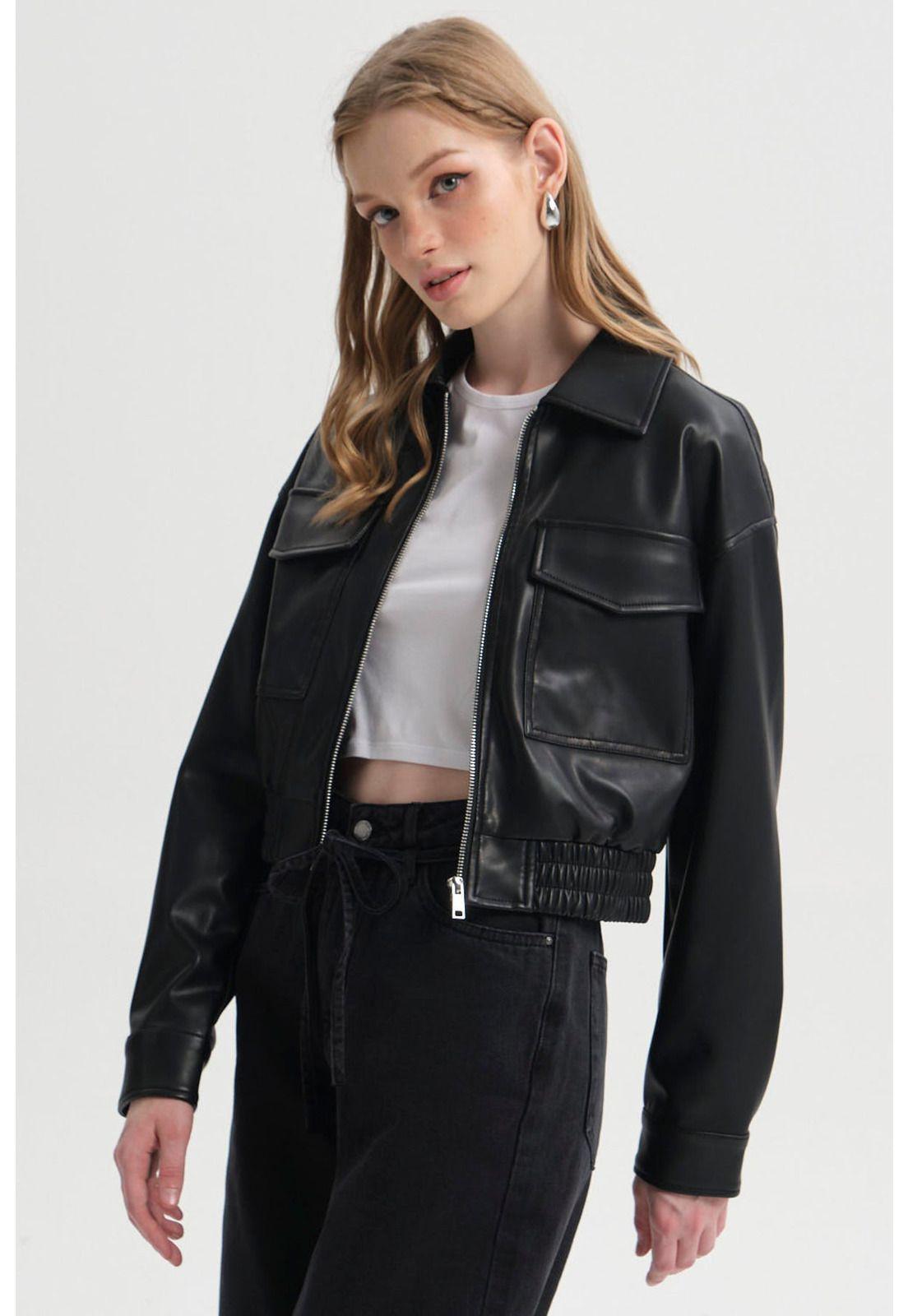 Chaqueta Mujer Con Aplicación Bolsillo Negro-1