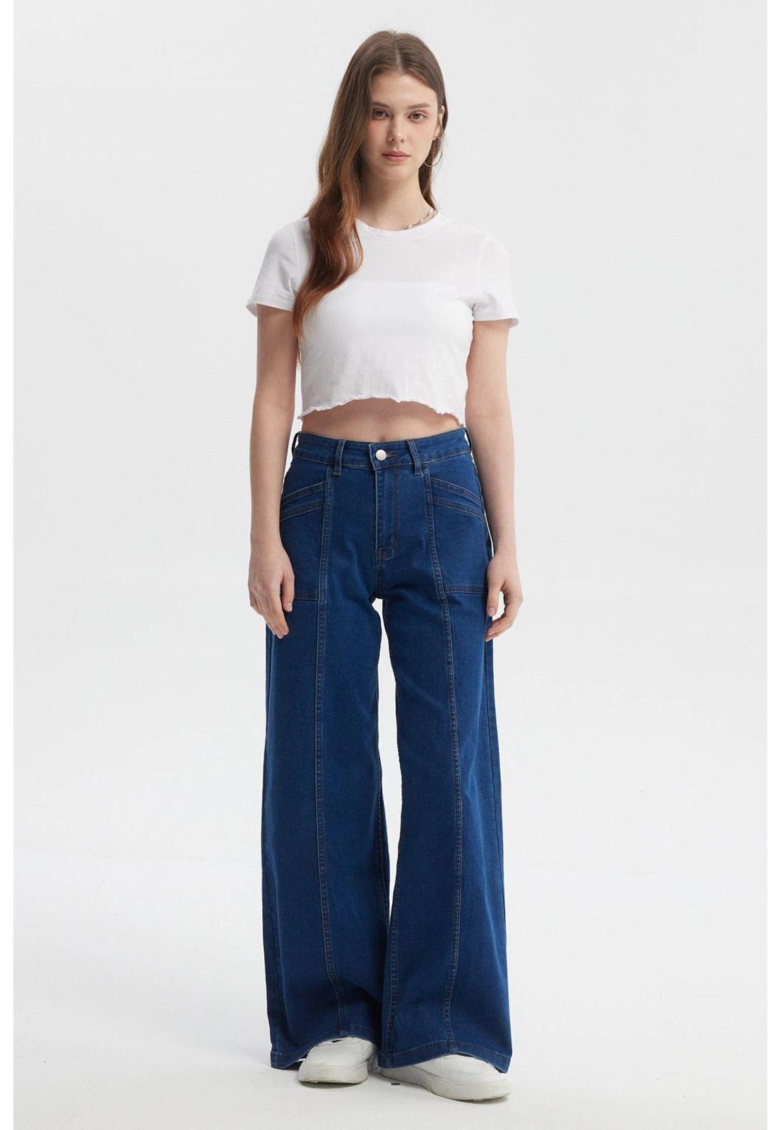 Jeans Mujer Wide Leg Azul Oscuro - ll-3