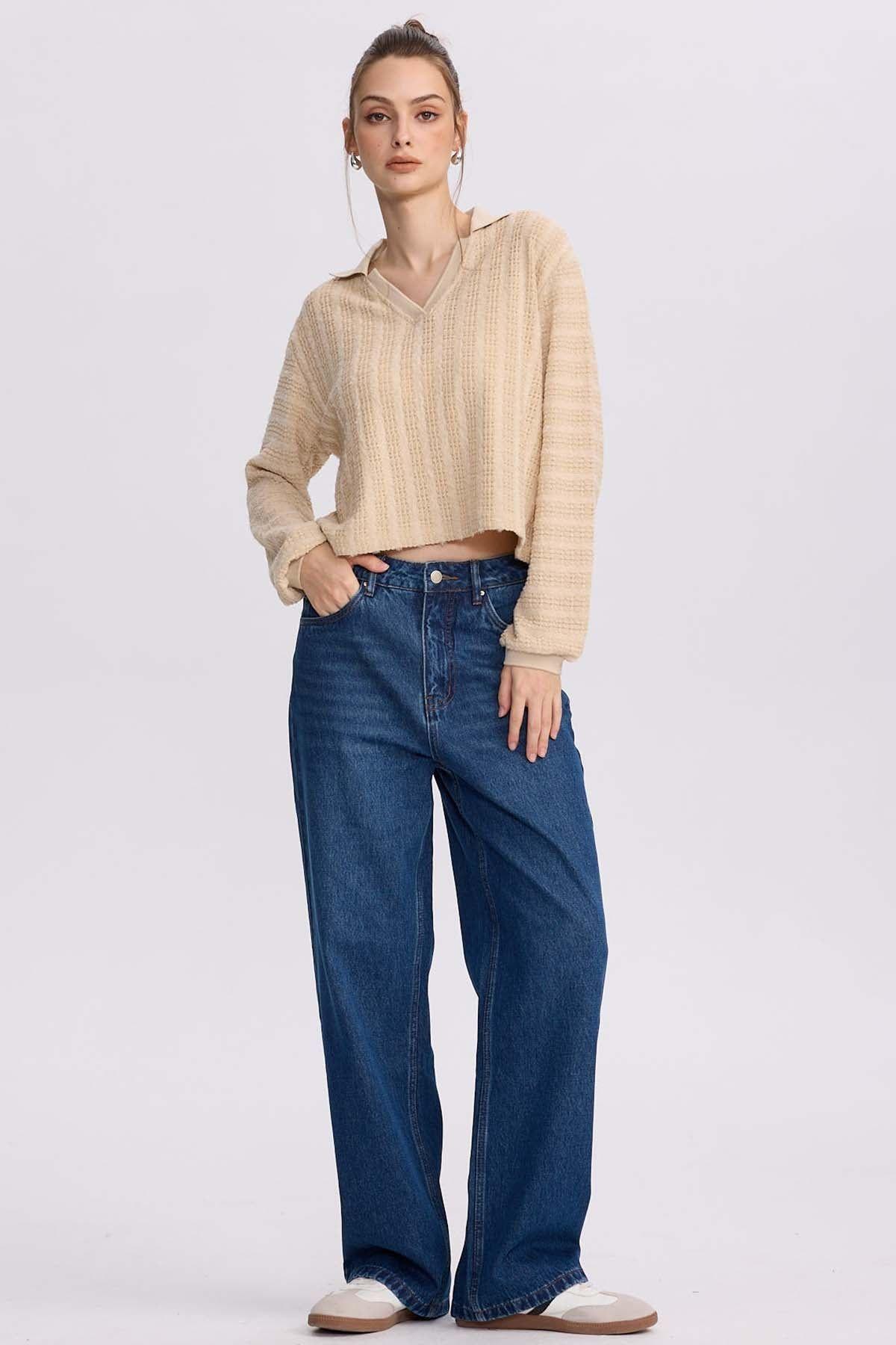 Polerón Mujer Cuello Camisero Beige-3