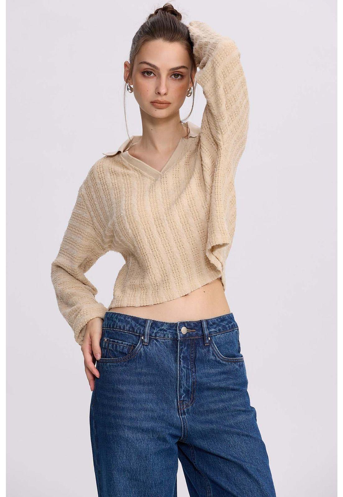 Polerón Mujer Cuello Camisero Beige-0