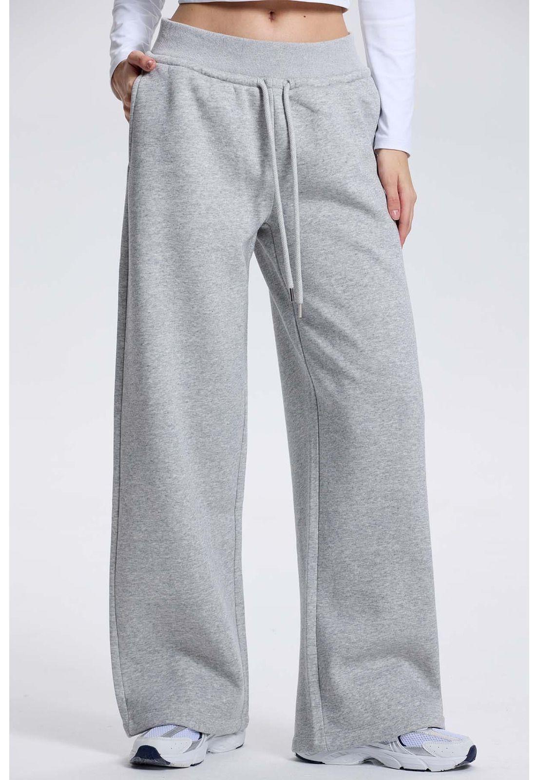 Pantalón Buzo Mujer Pretina Ancha Gris Melange-0