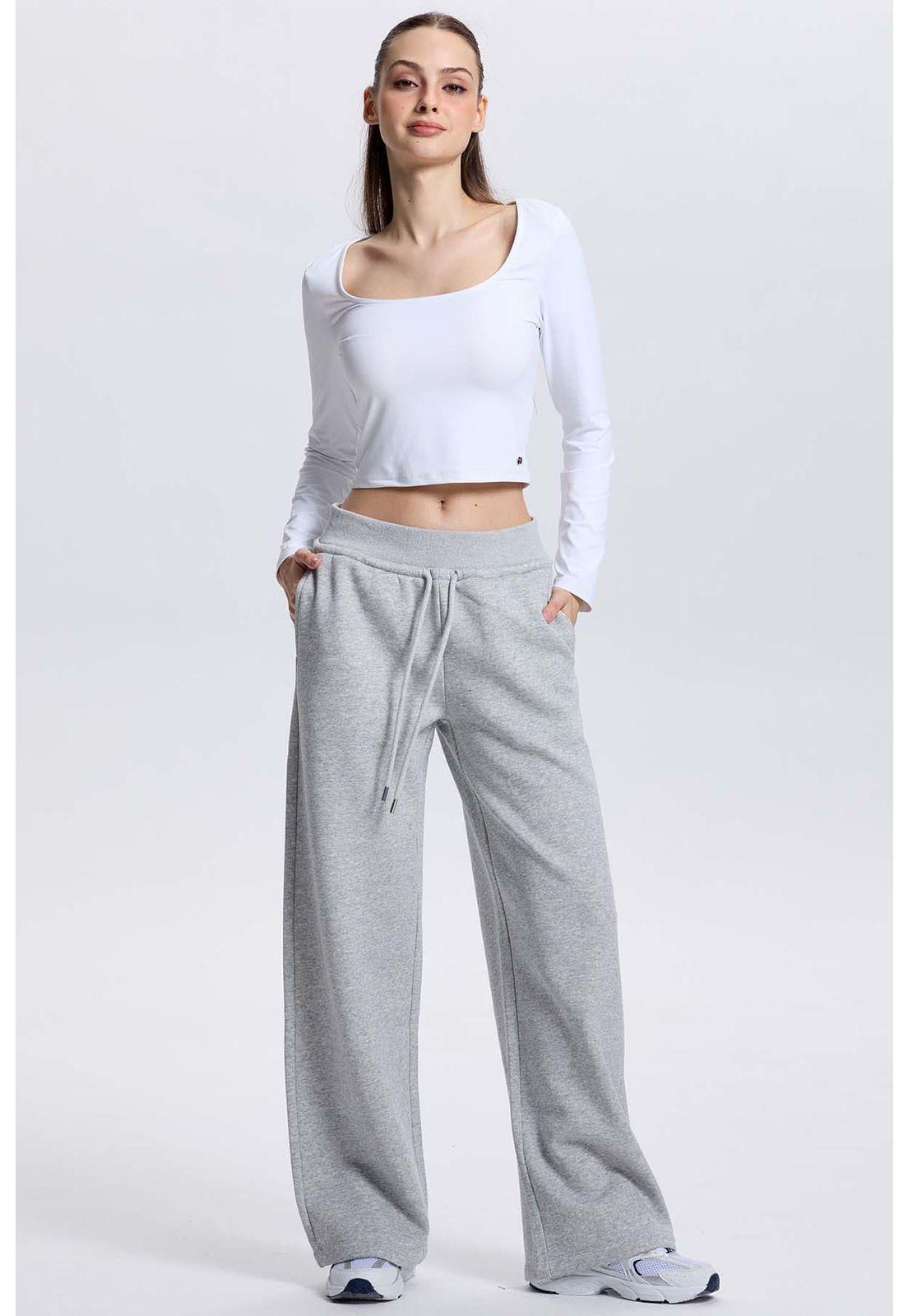 Pantalón Buzo Mujer Pretina Ancha Gris Melange-3