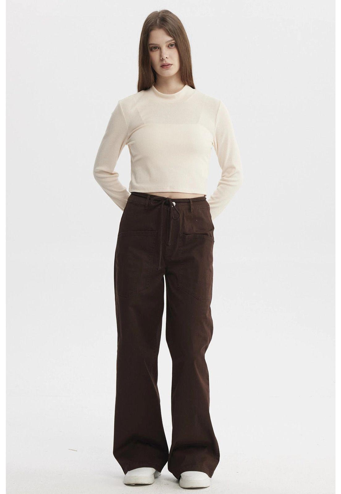 Pantalón Mujer Con Cordón Calce Recto Café Oscuro-3