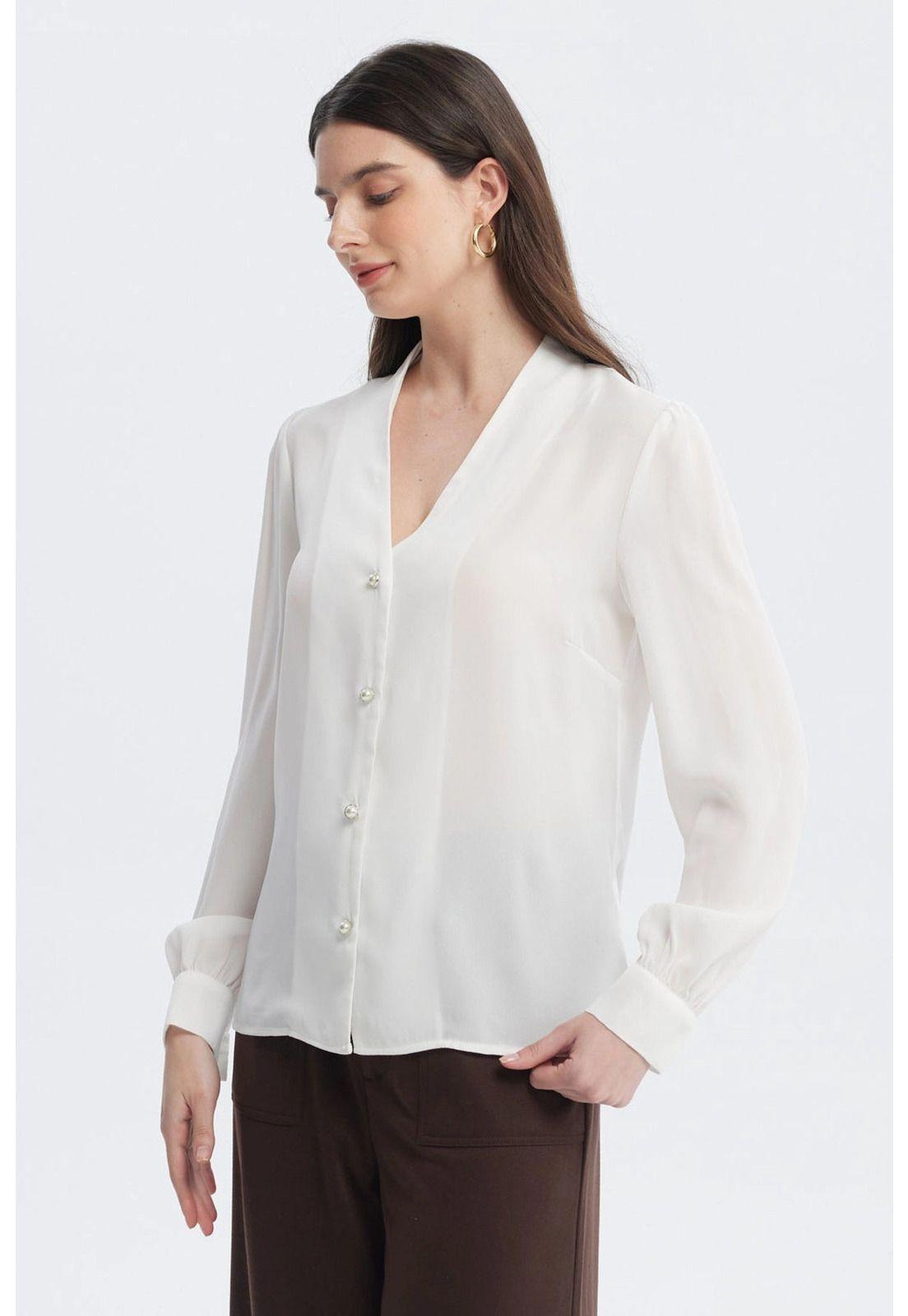 Blusa Mujer Botones Perla Crudo-1