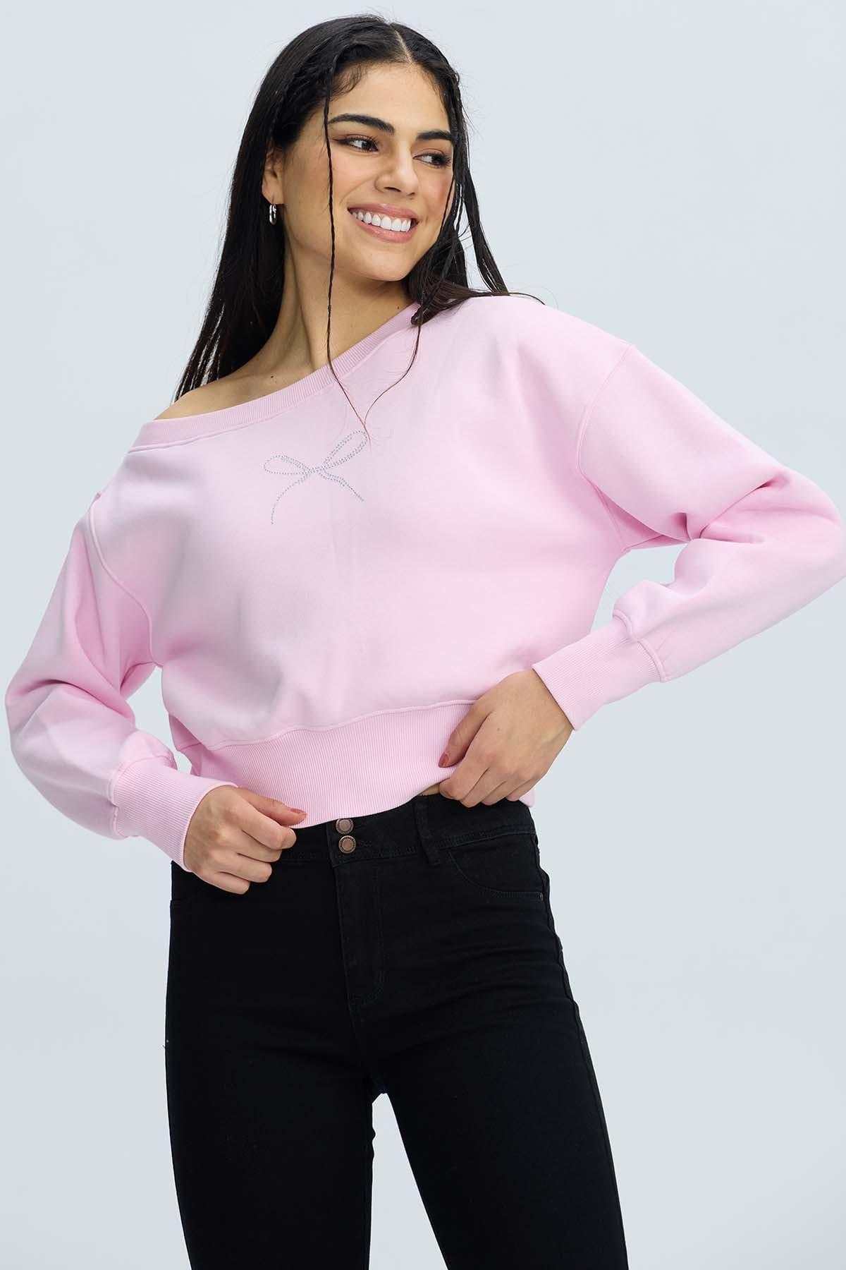 Polerón Mujer Asimétrico Lazo Rosado-0