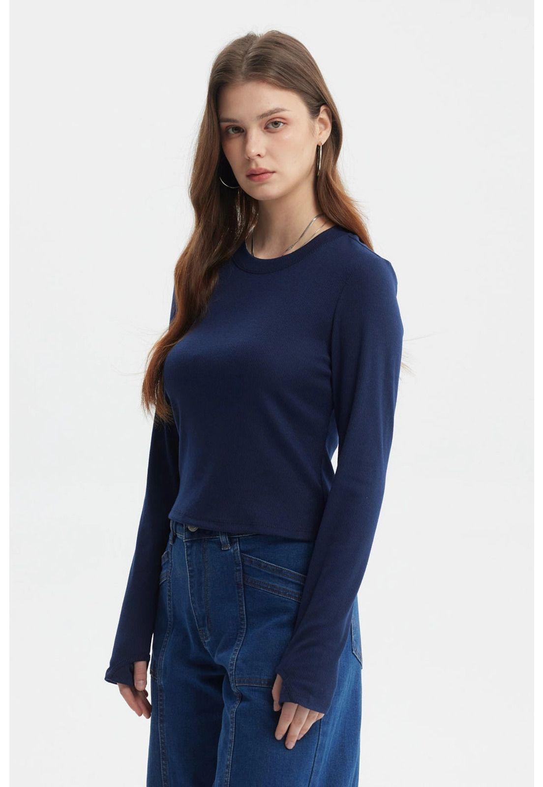 Polera Mujer Rib Abertura Puño Azul-1