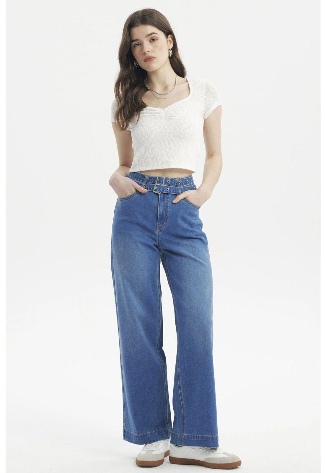 Jeans Mujer Calce Recto Doble Cintura Azul Oscuro-3