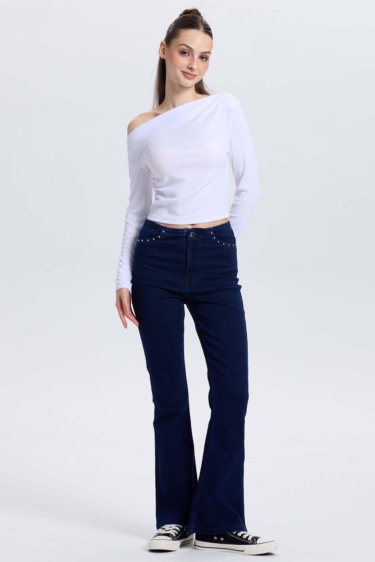 Jeans Mujer Flare Tachas Azul Indigo-3