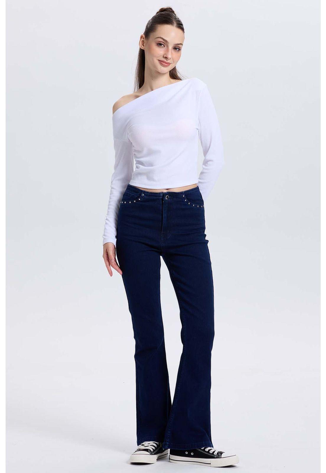 Jeans Mujer Flare Tachas Azul Índigo-3