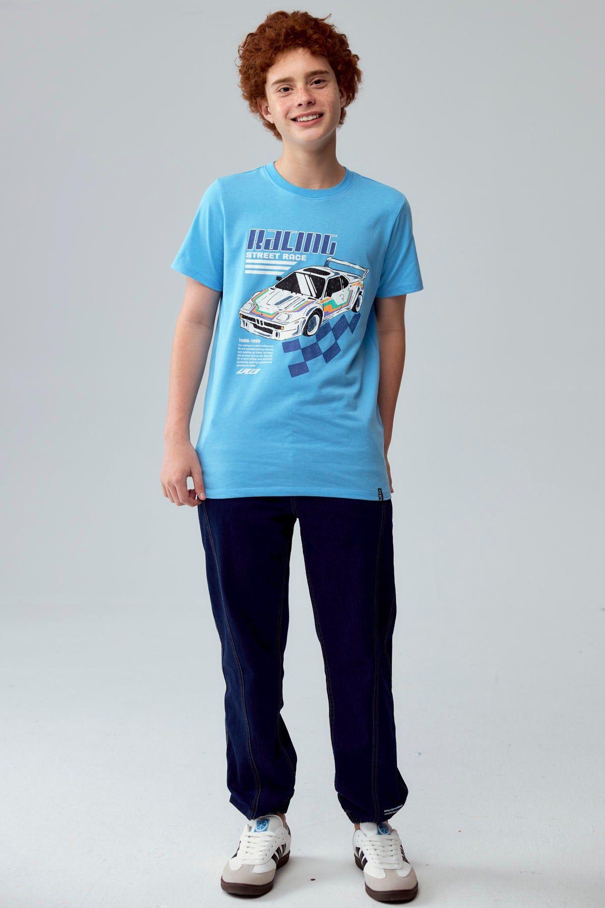 Polera Niño Básica Estampada Celeste-3