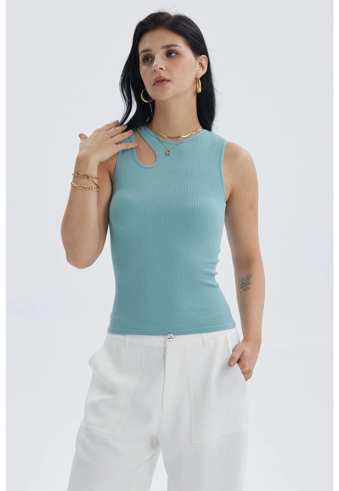 Polera Mujer Lisa Abertura Celeste-0