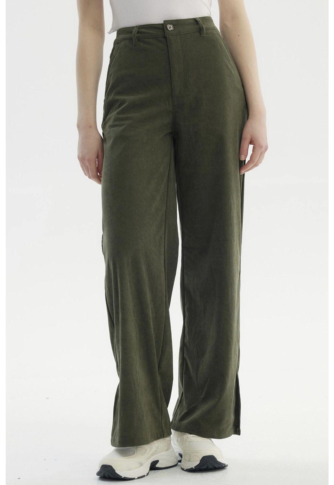 Pantalón Mujer Wide Leg Cotelé Verde Militar-0