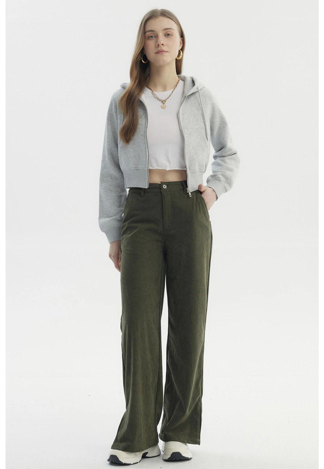 Pantalón Mujer Wide Leg Cotelé Verde Militar-3