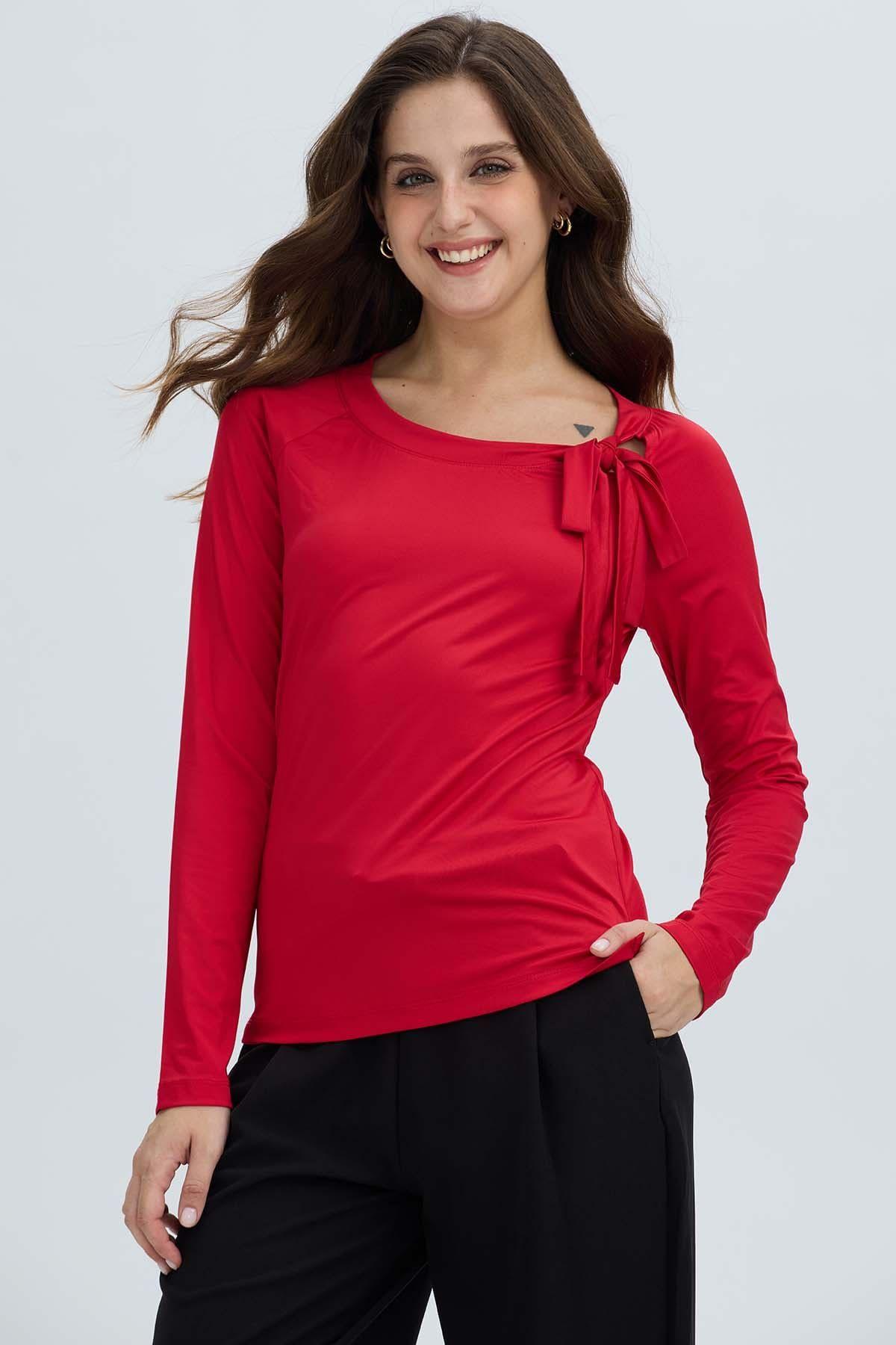 Polera Mujer Abertura y Lazo Rojo Oscuro-0
