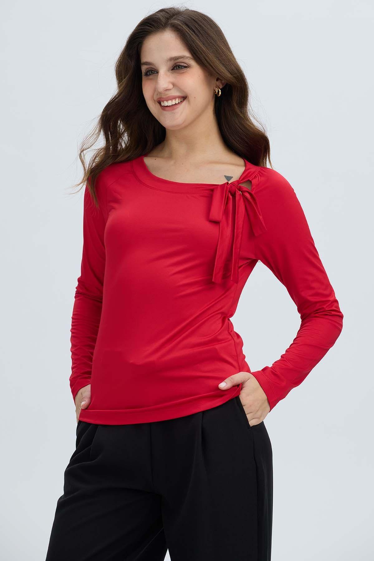 Polera Mujer Abertura y Lazo Rojo Oscuro-1