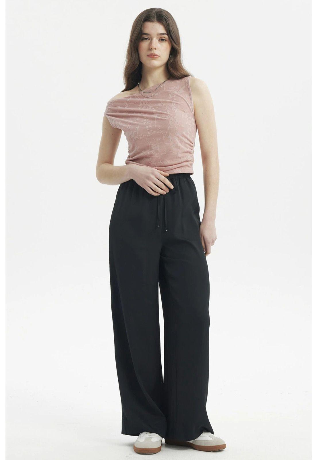 Pantalón Mujer Holgado Amplio Con Cordón Negro-3