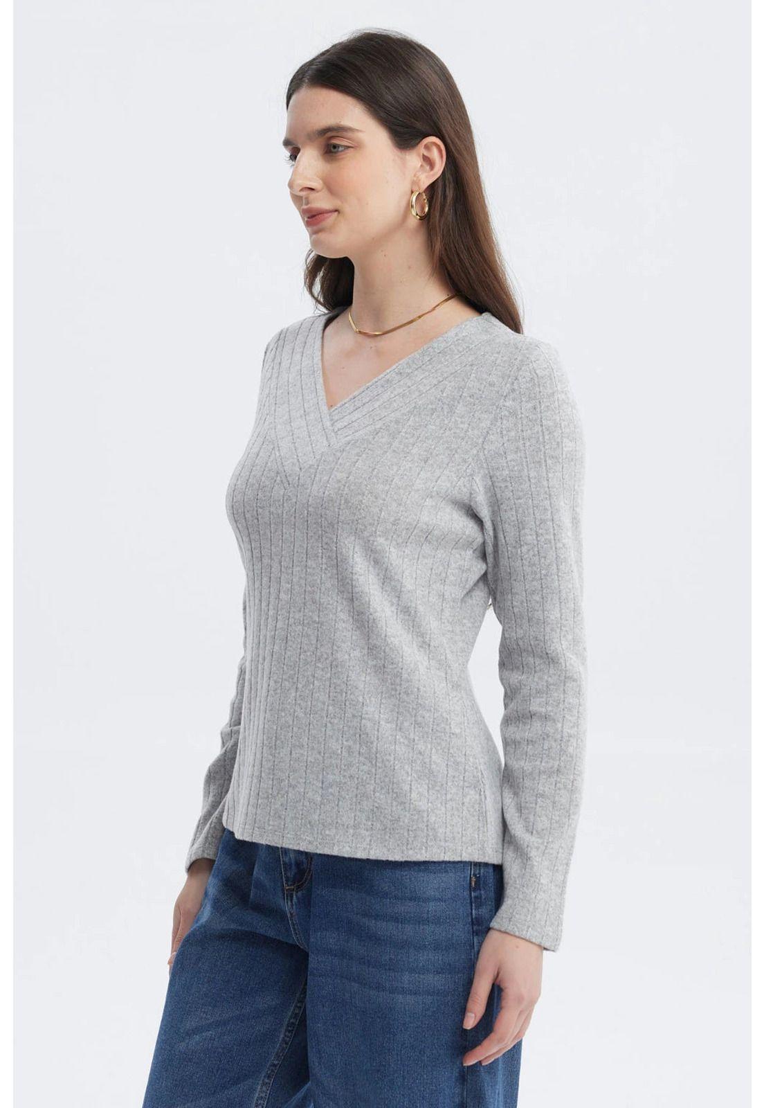 Sweater Mujer Slim Cuello V Gris Melange-1