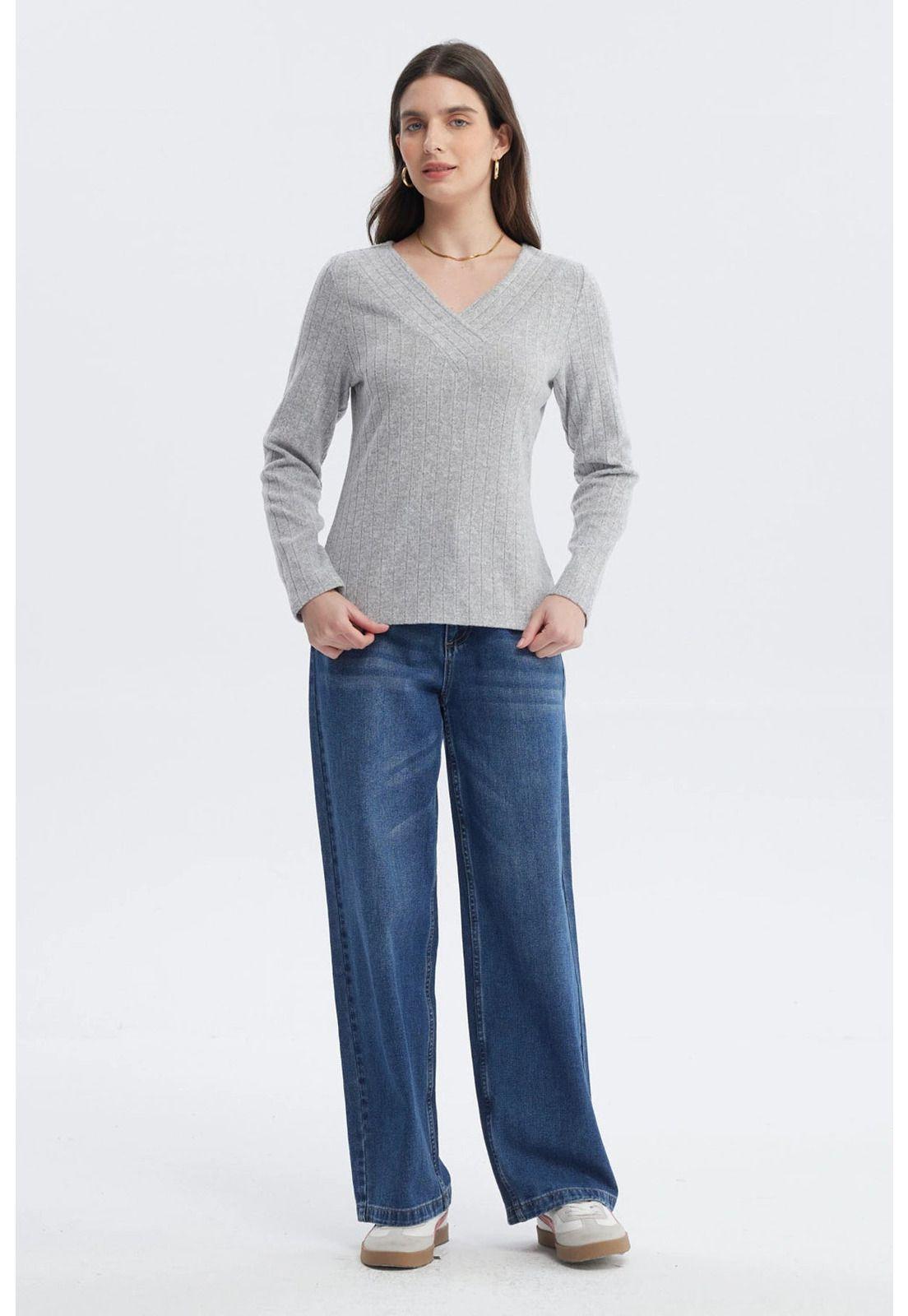 Sweater Mujer Slim Cuello V Gris Melange-3