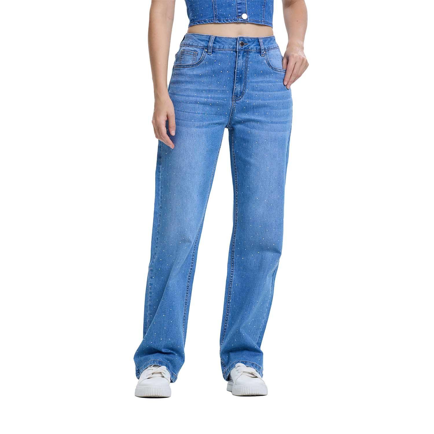 Jeans Mujer Recto Strass Azul Fashion's Park-0