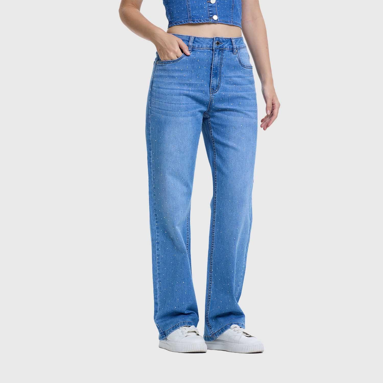 Jeans Mujer Recto Strass Azul Fashion's Park-1
