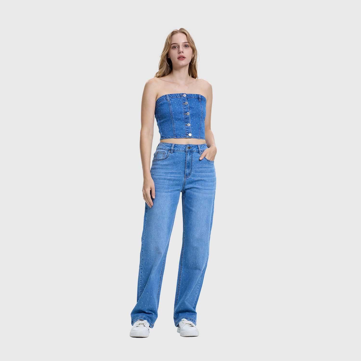 Jeans Mujer Recto Strass Azul Fashion's Park-3