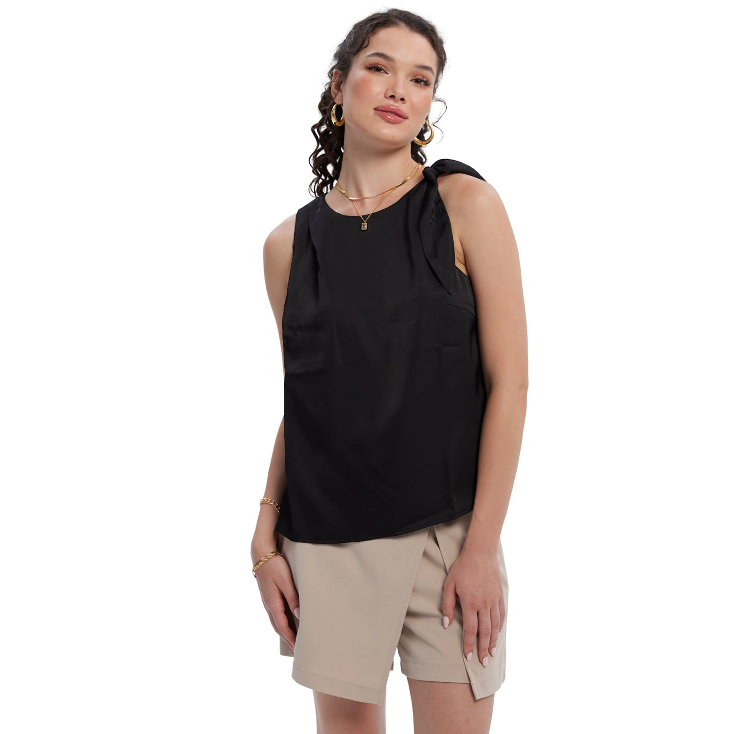 Blusa Mujer Satinada Aplicación Nudo Negro-0