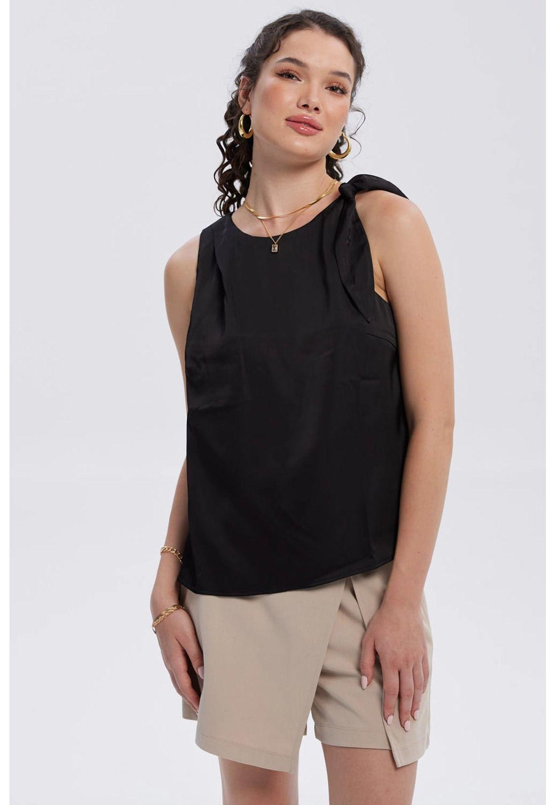 Blusa Mujer Satinada Aplicación Nudo Negro-0