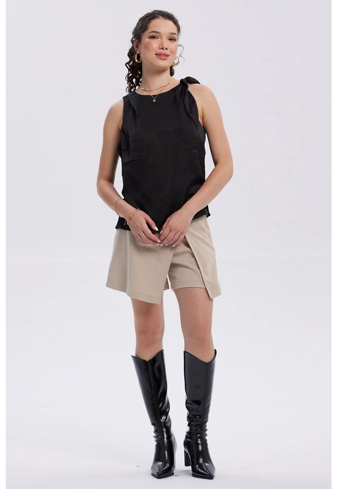 Blusa Mujer Satinada Aplicación Nudo Negro-3