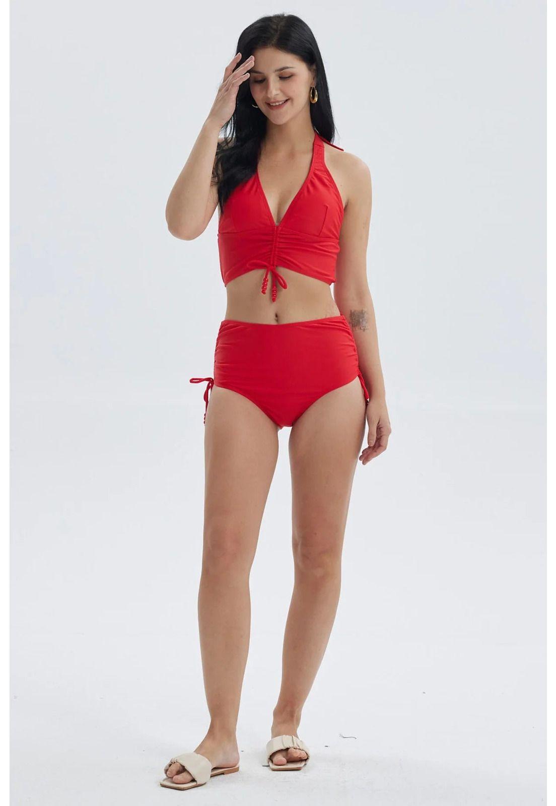 Traje De Baño Mujer Calzón Tiro Alto Rojo-3