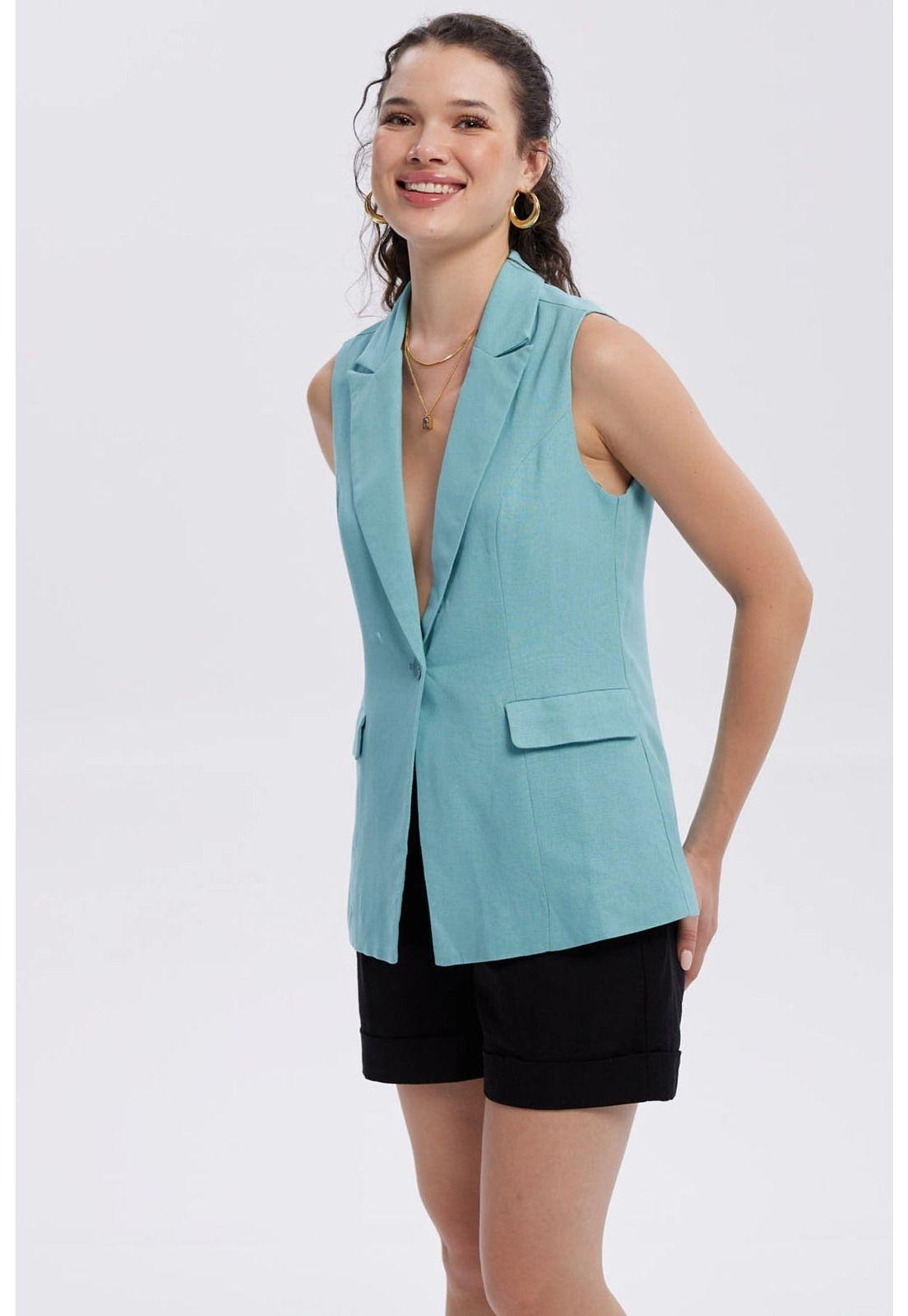 Blazer Mujer Lino 2 Bolsillos Celeste-1
