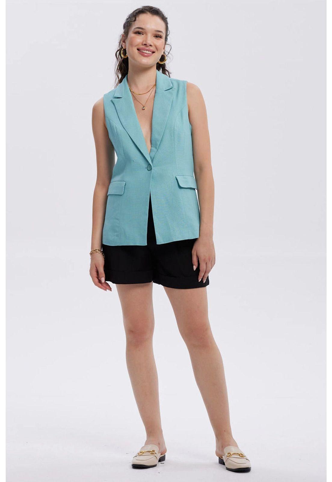 Blazer Mujer Lino 2 Bolsillos Celeste-3