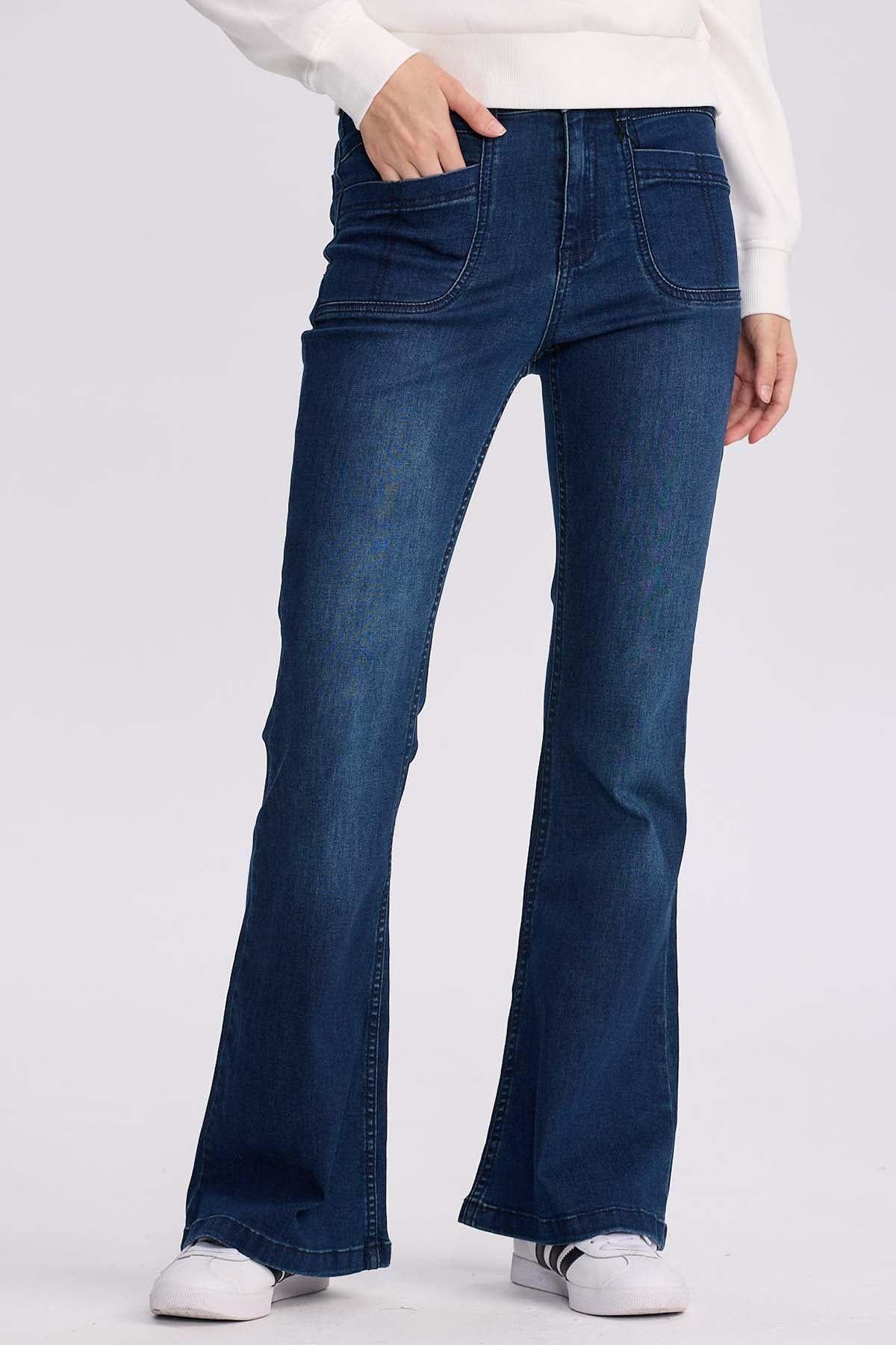 Jeans Mujer Flare Bolsillo Azul Oscuro-0