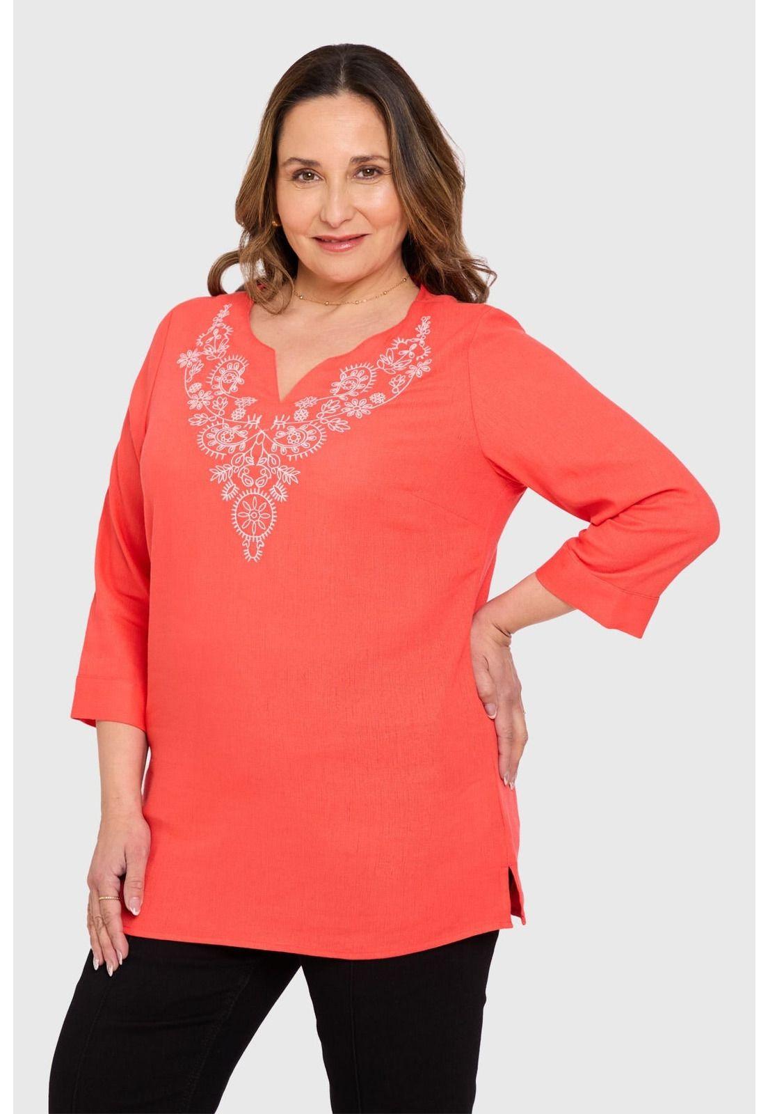 Blusa Mujer Lino Roll Up Coral-1